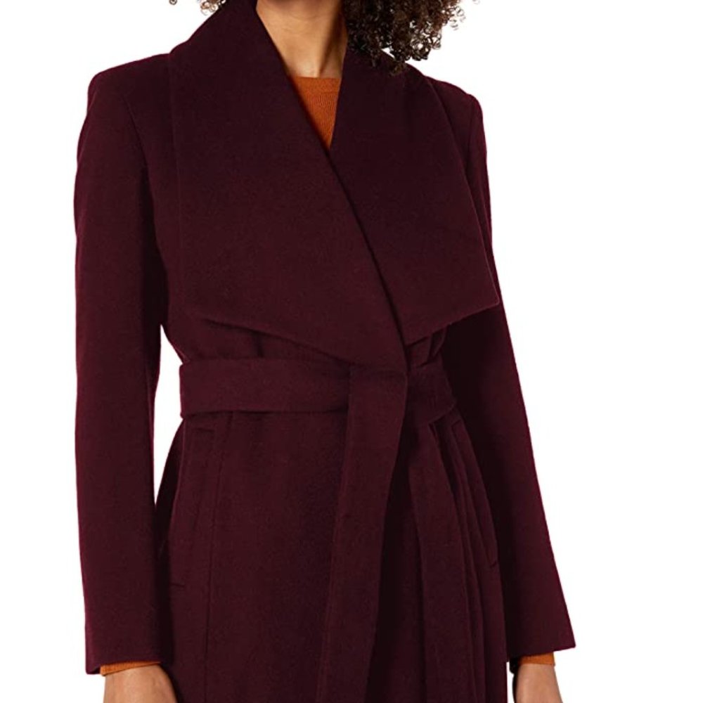 Cole Haan Belted Wrap Wool Blend Coat, Bordeaux, 2